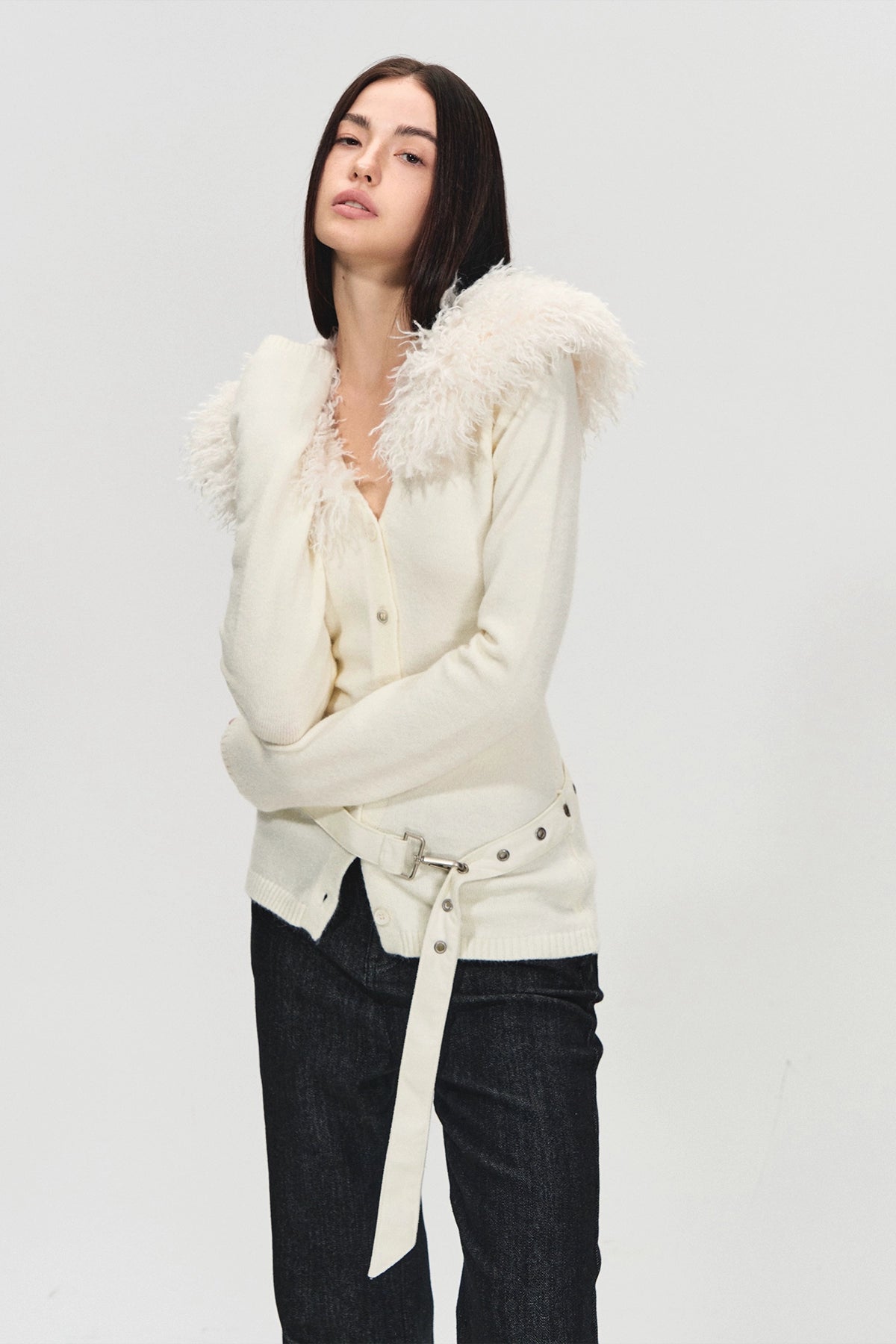 Detachable Fur Collar Suede Belted Cardigan