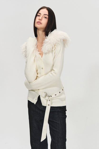Detachable Fur Collar Suede Belted Cardigan