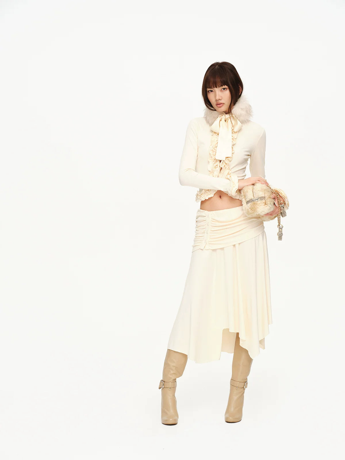 Ruched Ruffle Cardigan &amp; Skirt Set
