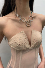 Button Silver Ring Chain Choker Necklace