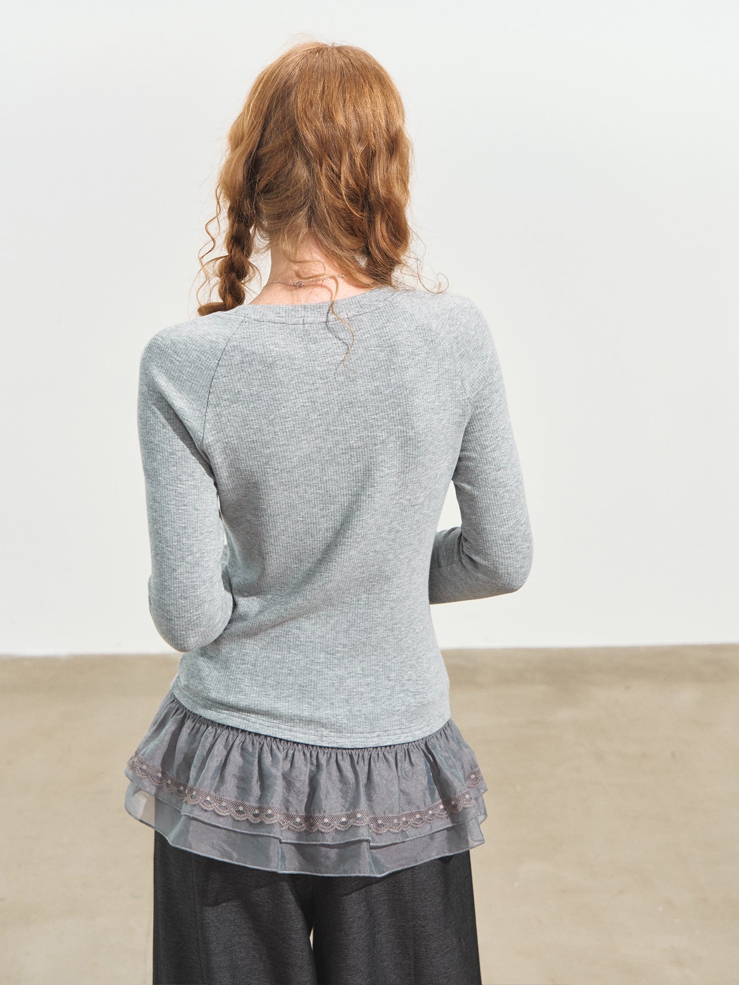 Double-layer Ruffle Raglan Fleece Top