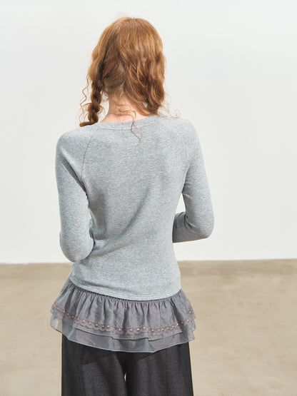 Double-layer Ruffle Raglan Fleece Top