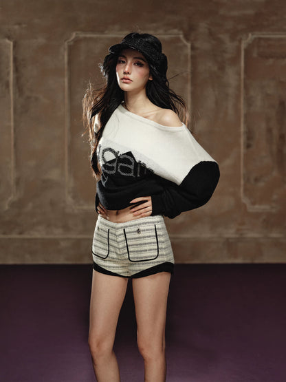 Textured Low-Waist Tweed Shorts