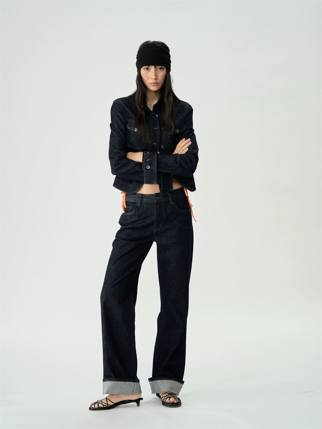 Original Denim Short Stand Collar Cinched Jacket Set