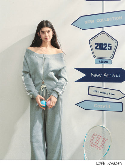 Off-Shoulder Zip-up Sweatshirt &amp; Pants Set