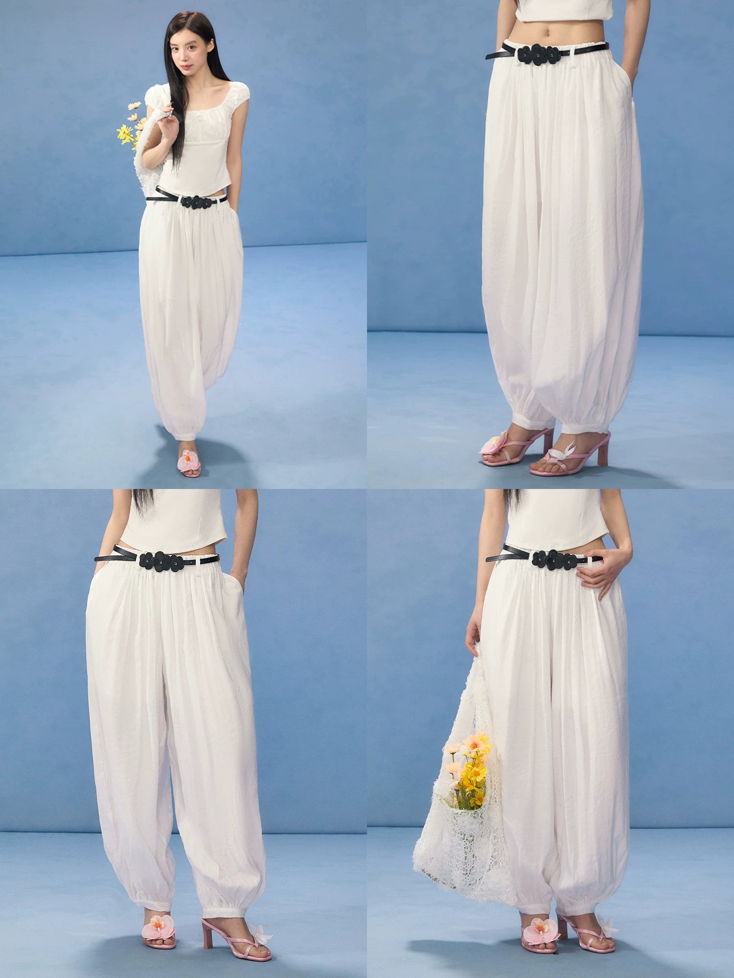 Floral Belt Balloon Wide-Leg Pants