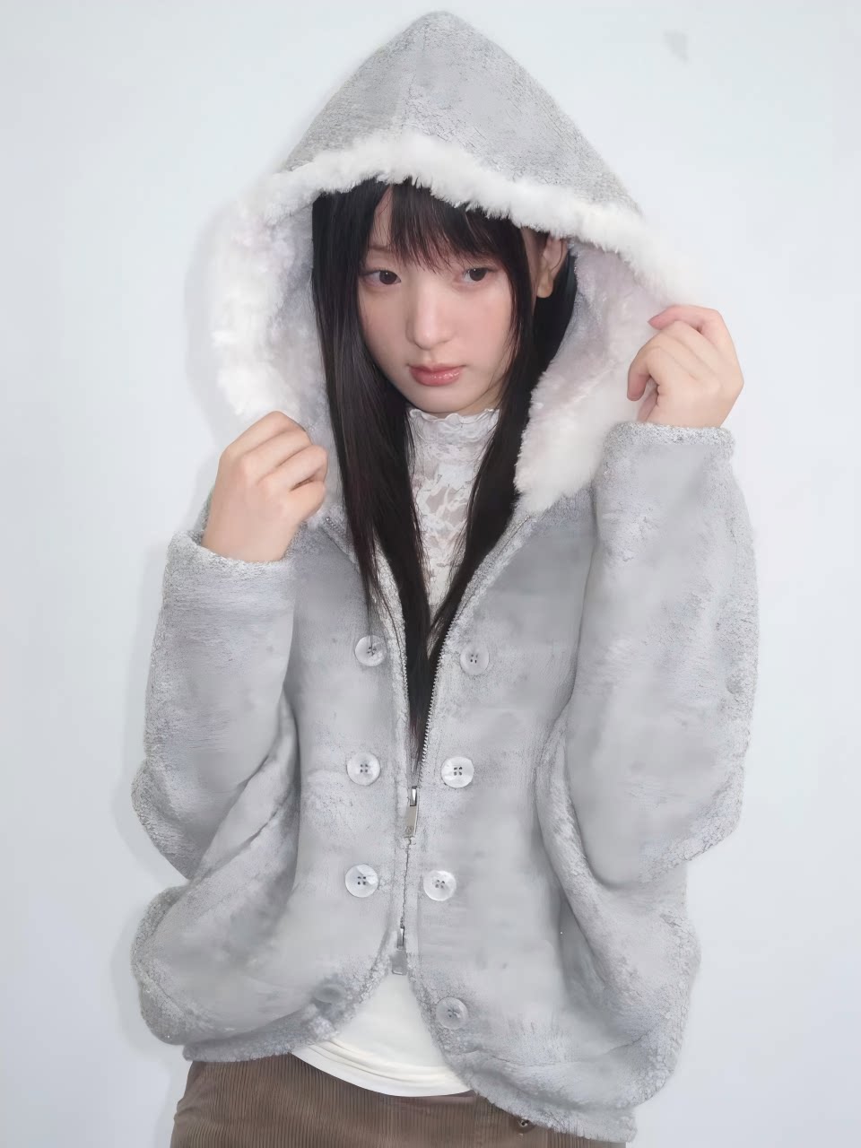 Gray Hooded Wool-Blend Coat