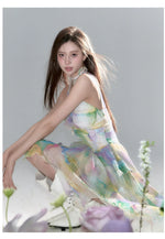 Ombre Colored Mesh Cinched Waist Suspender Maxi Dress