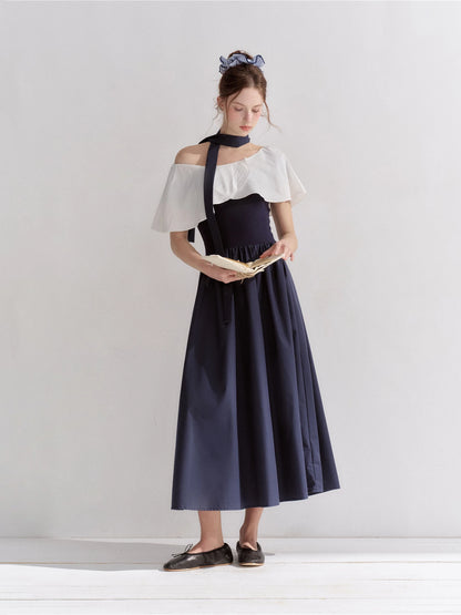 Navy Blue Cape Tie Mdi Dress