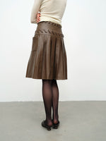 Brown Eyelet Lace-up Pleated Leather Skirt