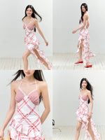 Contrast Plaid Ruffle Hem Tie Dress