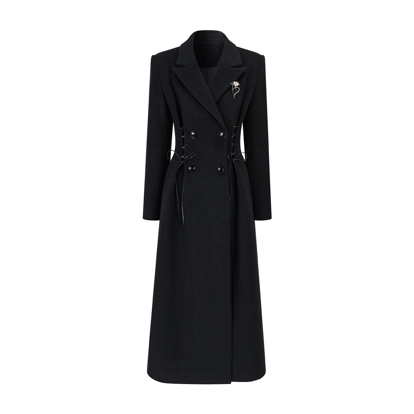 Waist-Tie Double-Breasted Wool Coat