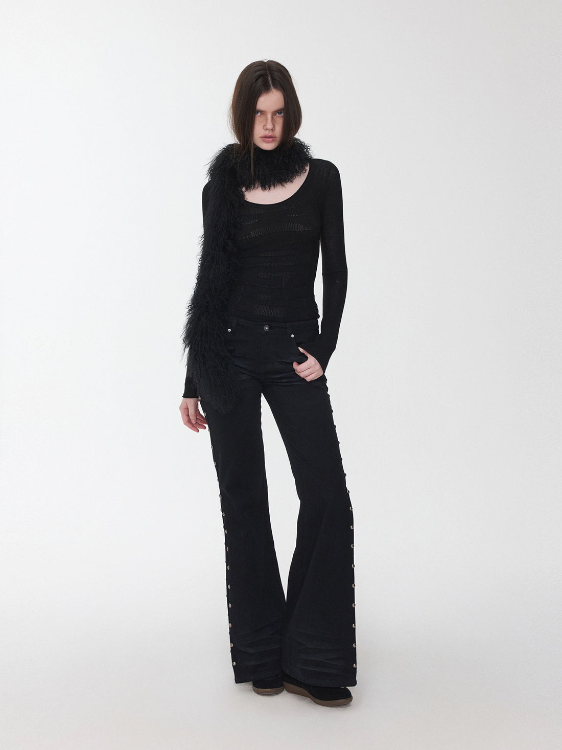 Studded Flared Denim Whisker Detailing Jeans