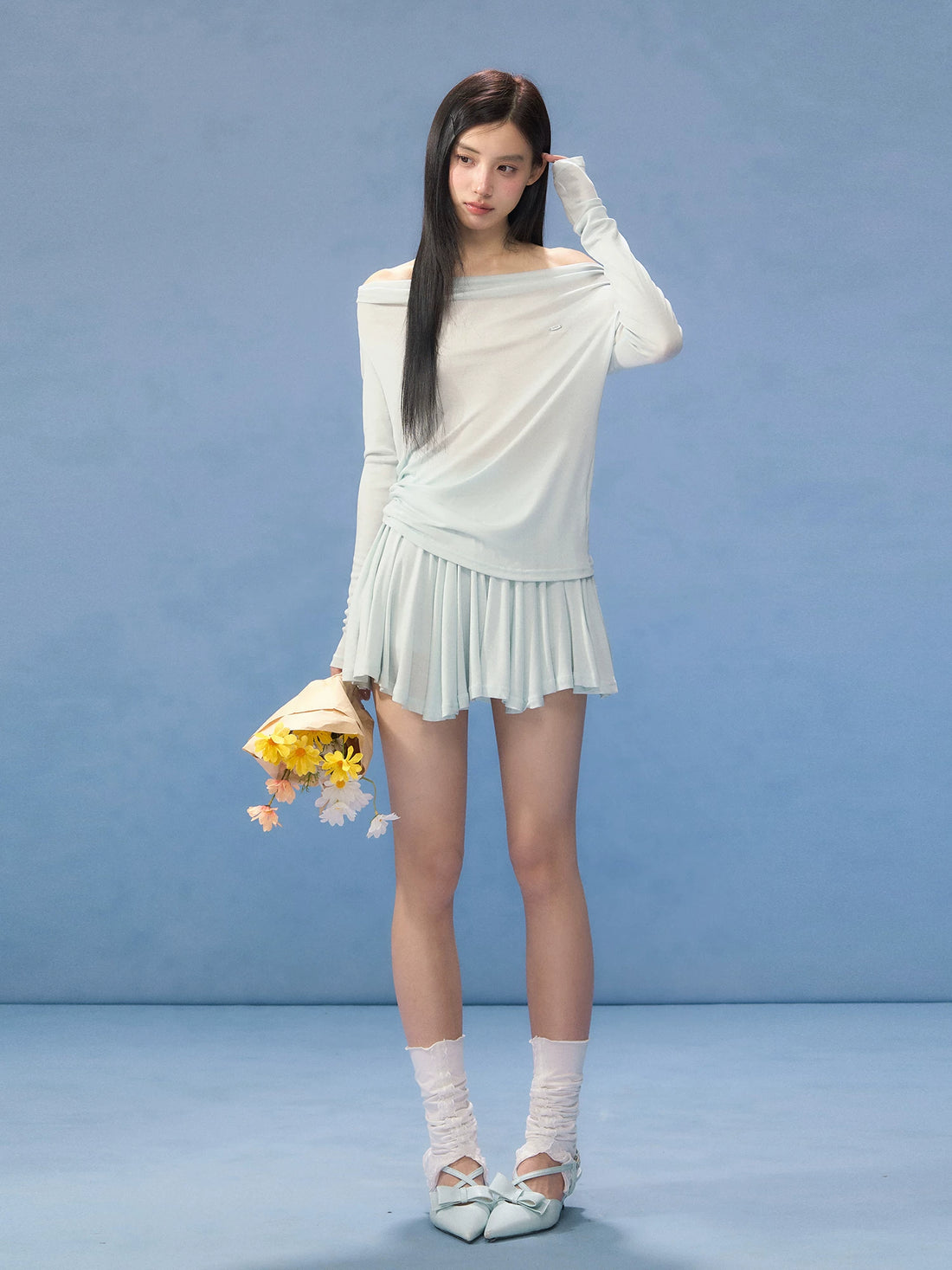 Blue One-Shoulder Blouse &amp; Skirt Set