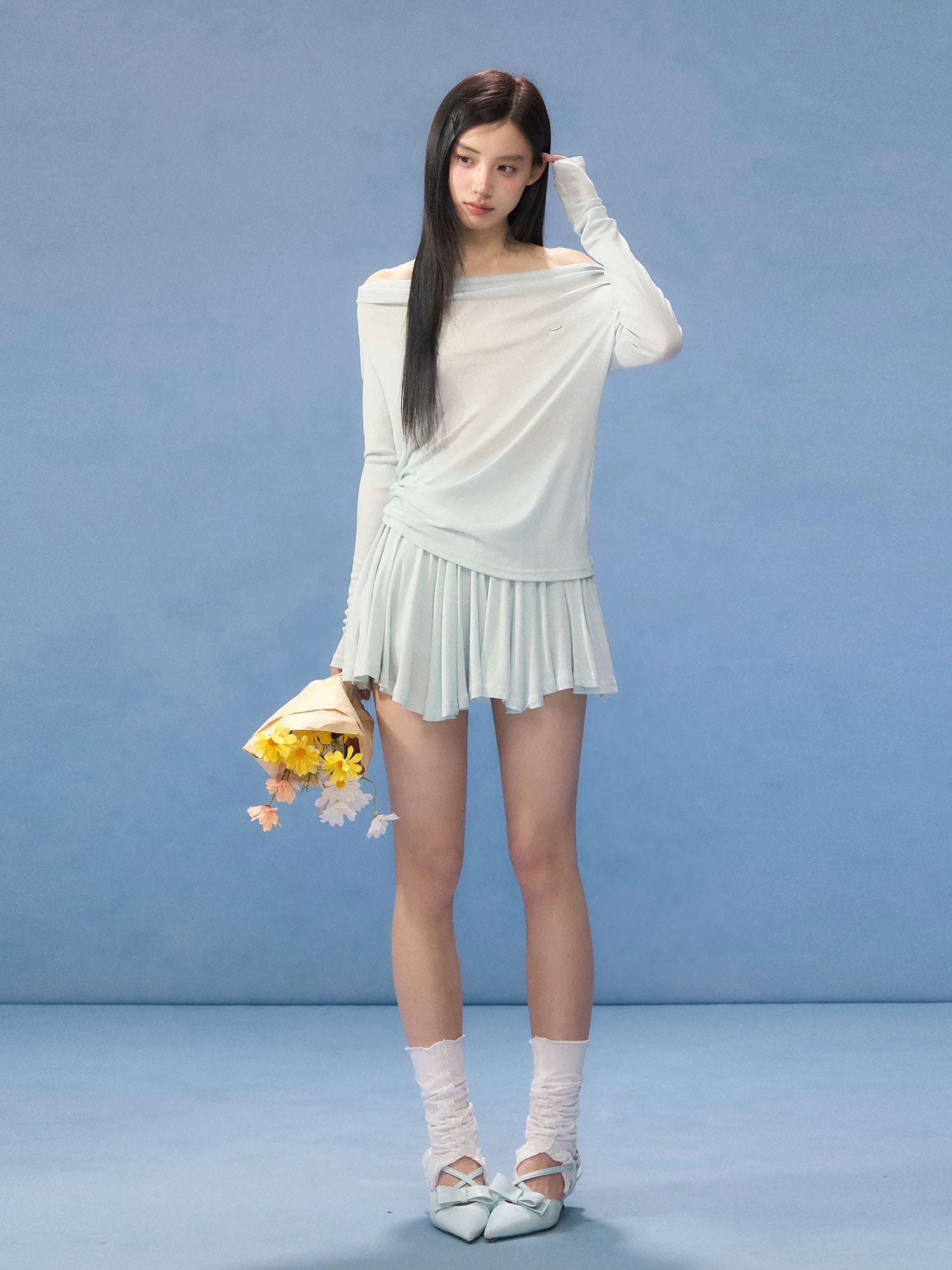 Blue One-Shoulder Blouse &amp; Skirt Set