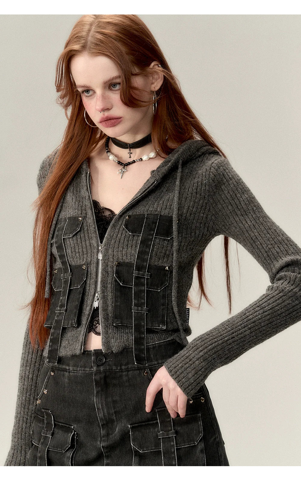 Coffee &amp; Gray Patchwork Drawstring Cardigan