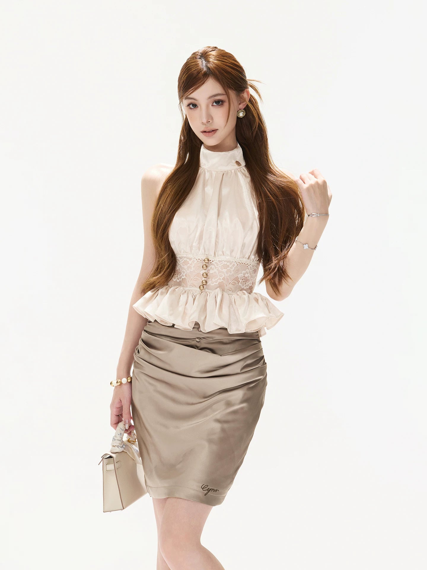 Brown Ruched Satin Mini Skirt
