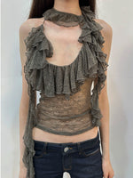 Two-Tone Lace Trim Halter Blouse