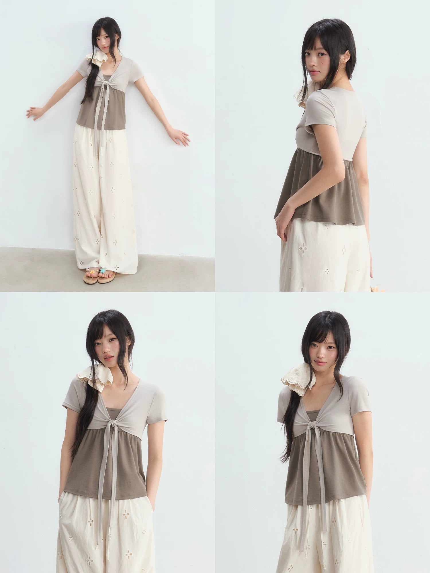 Fake Two-Piece Tie Blouse &amp; Pants Set