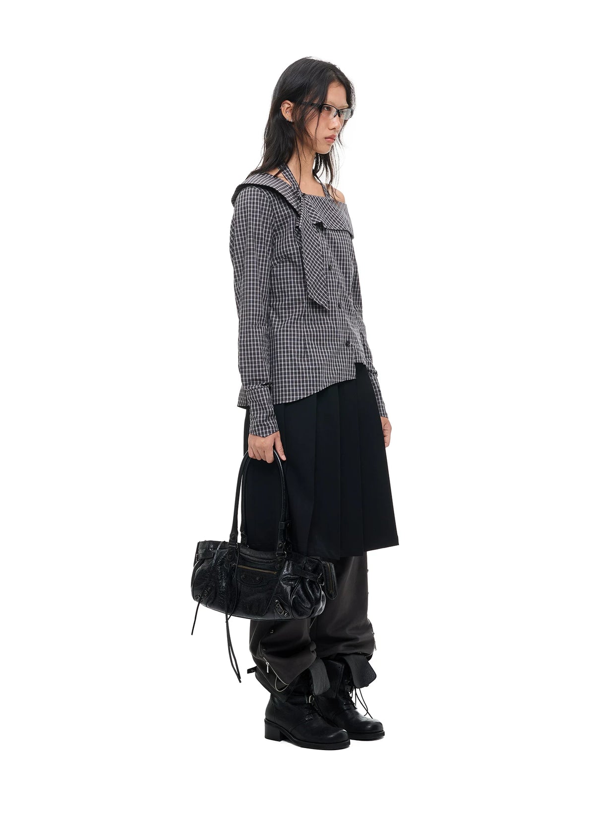 Asymmetric Plaid Off-Shoulder Shirt