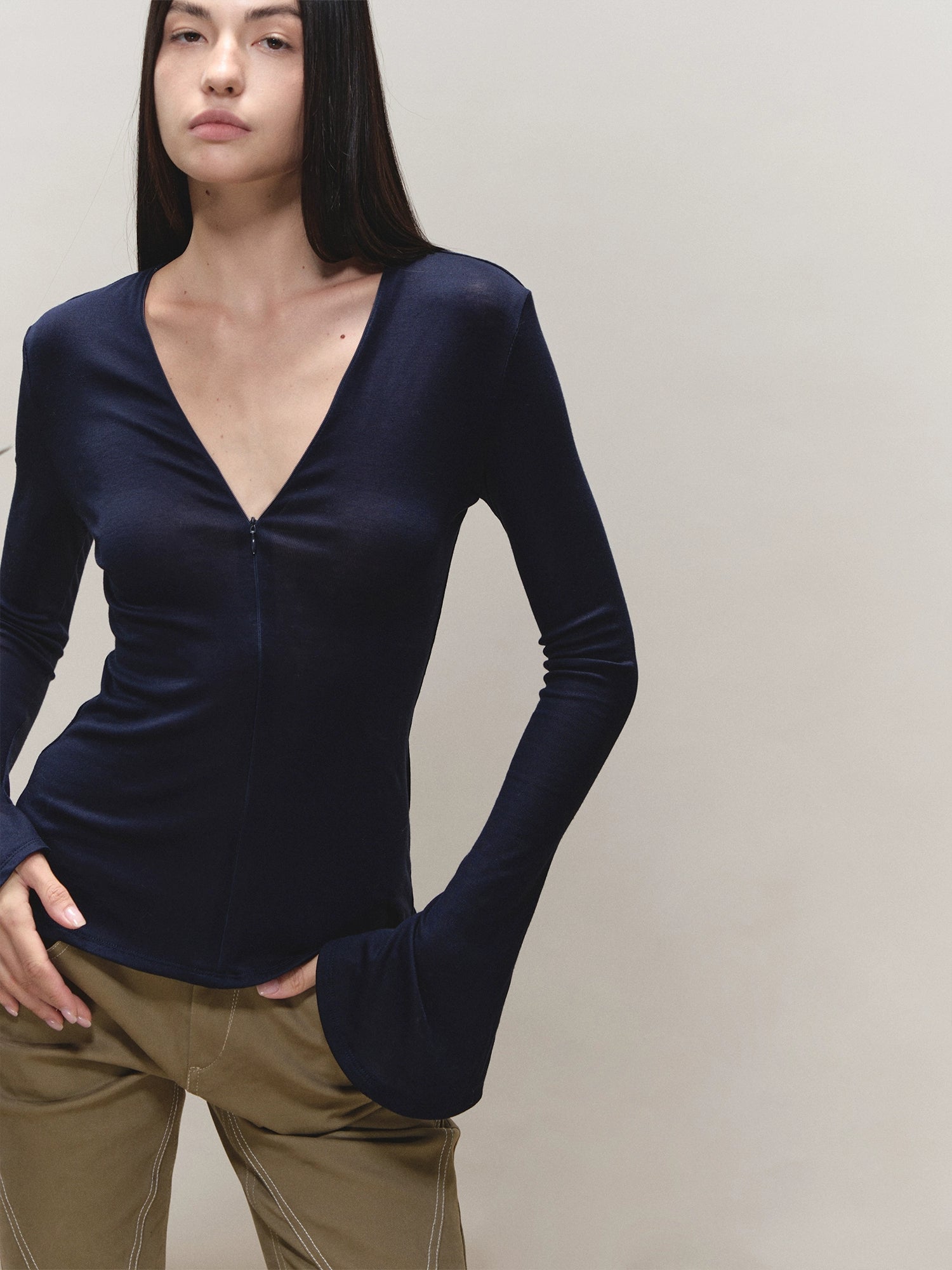 Lyocell Adjustable-Zip Flared-Sleeve Top