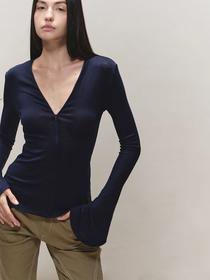 Lyocell Adjustable-Zip Flared-Sleeve Top