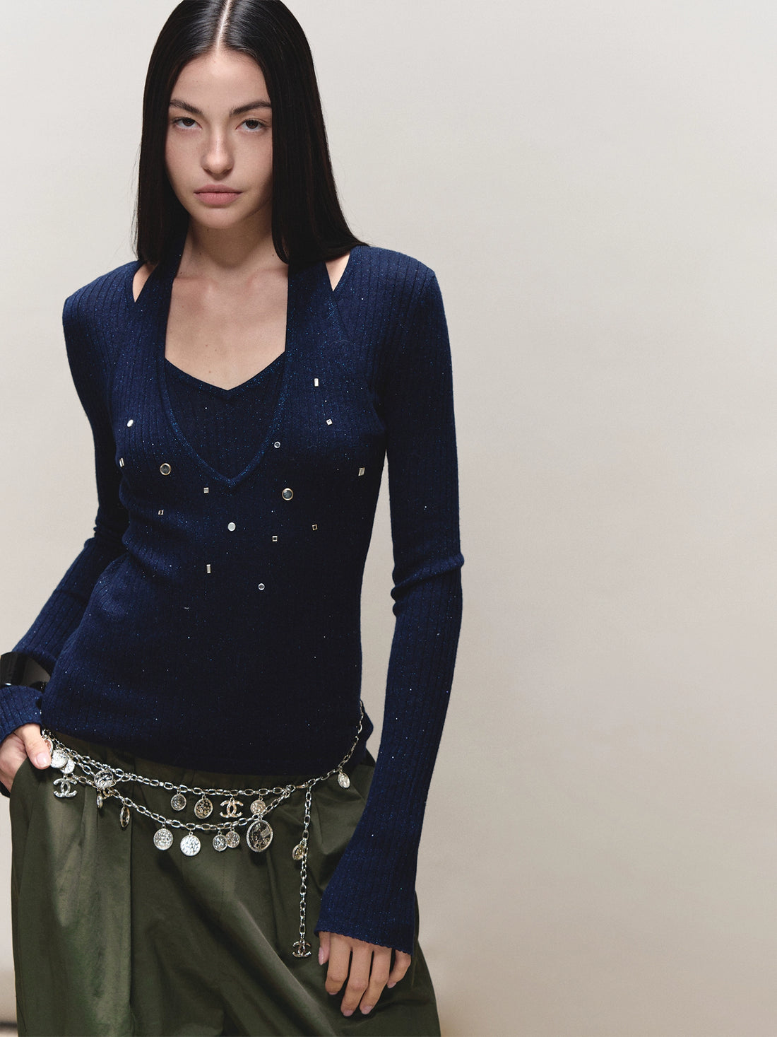 Wool Halter Sequin Long-Sleeve Top