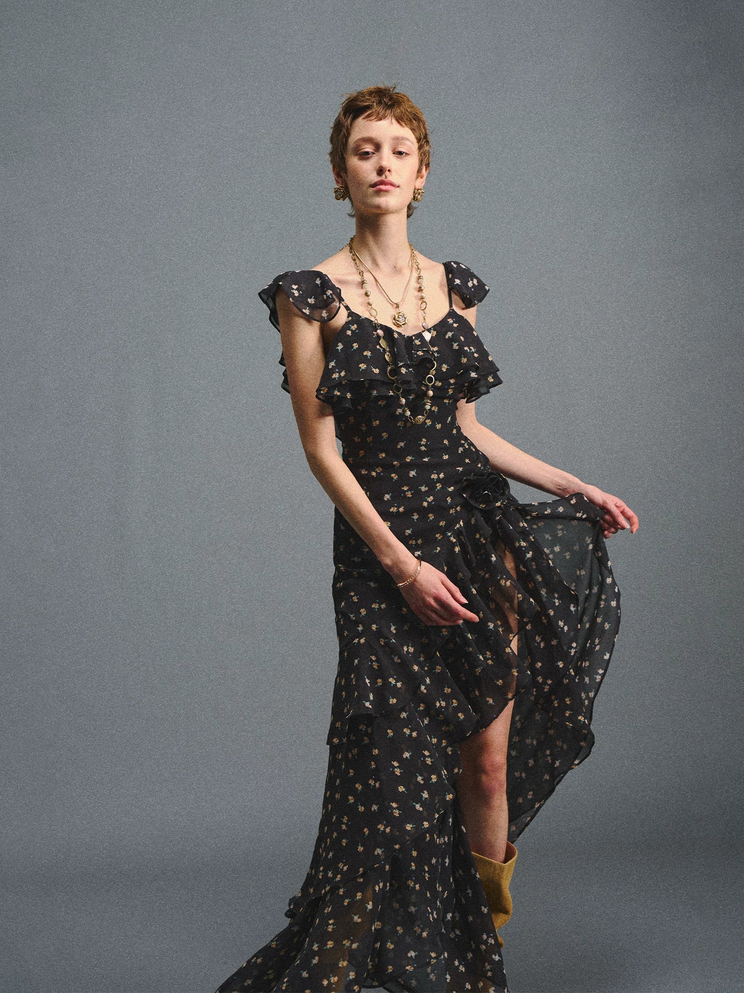 Black Floral Ruffle Maxi Dress
