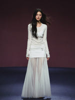 Lyocell Fake Two-piece Sheer Blouse & Skirt Set