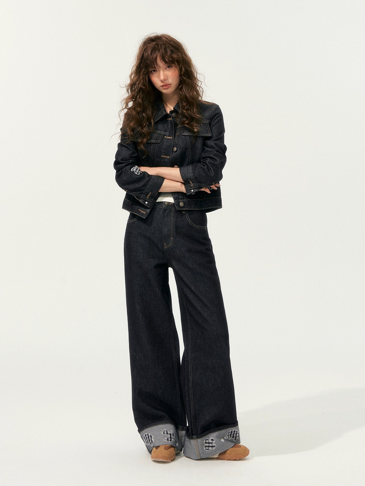 Denim Embroidered Cropped Jacket Set
