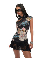 Black Lace Panel Qipao Dress