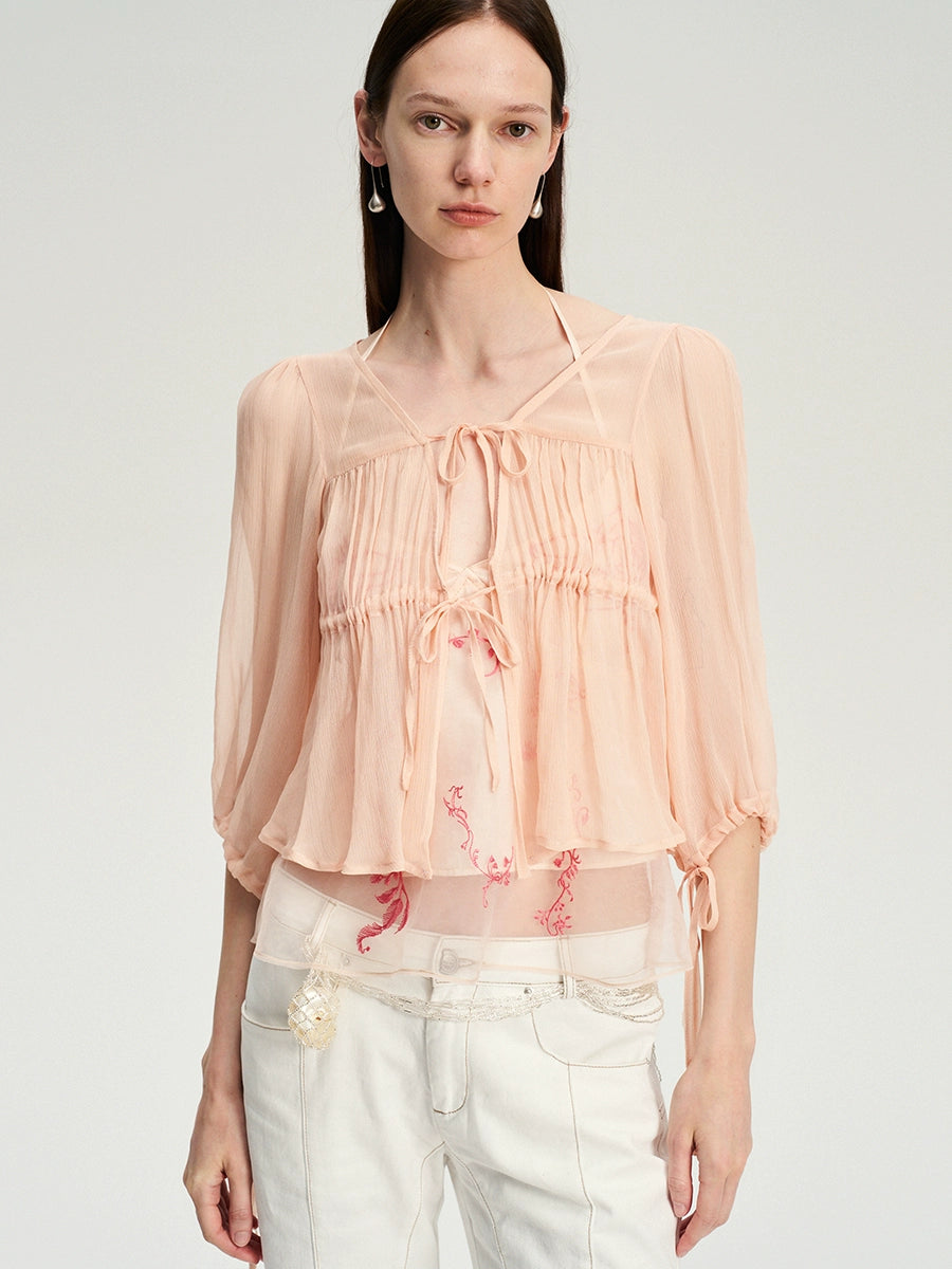 Light Pink Pleated Rayon Tie Cardigan