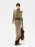 Khaki Draped High-neck Dress