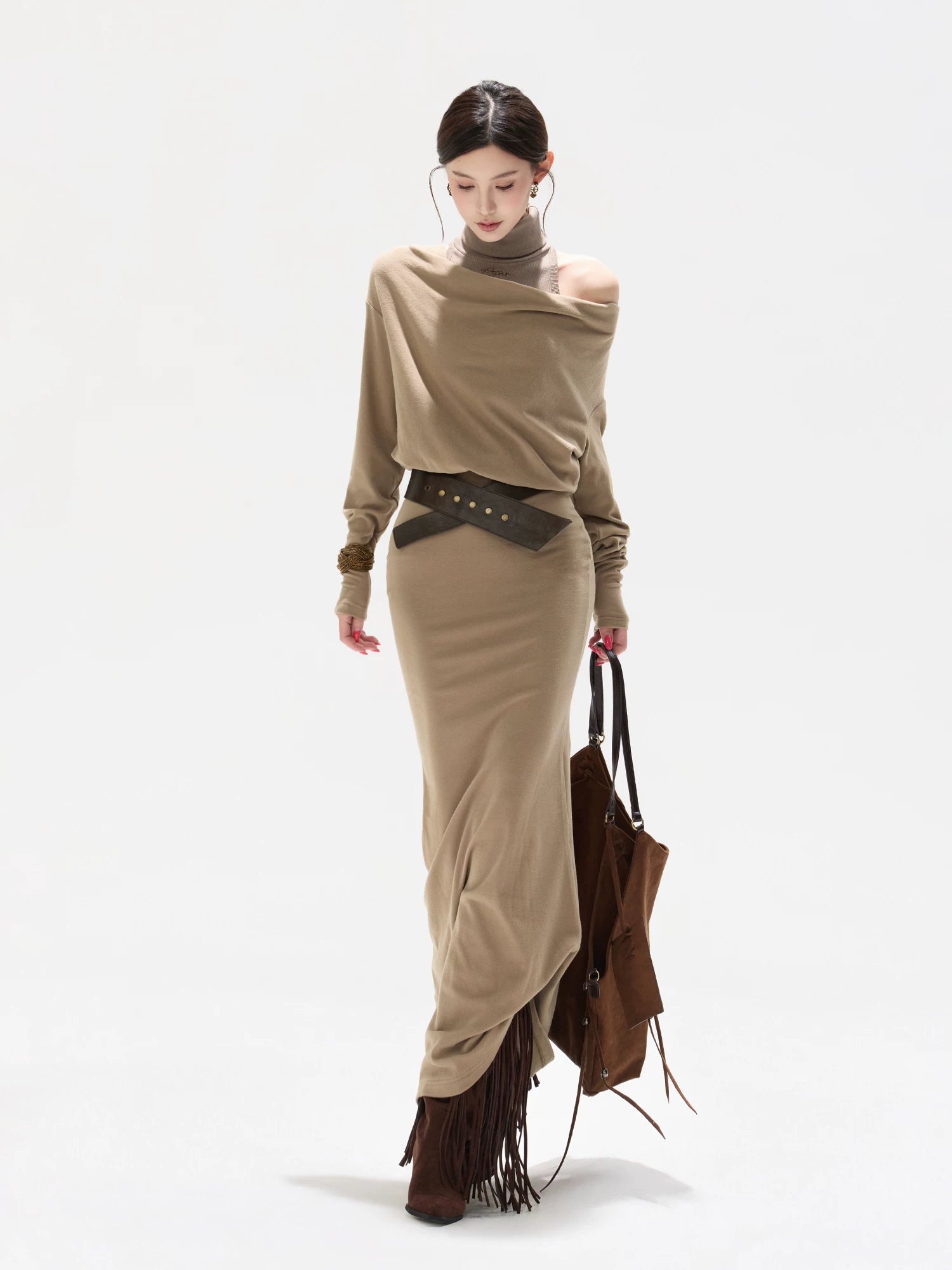 Khaki Draped High-neck Dress