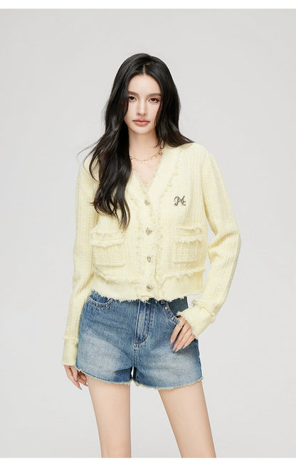 Milk Yellow &amp; Gray V-Neck Knit Cardigan
