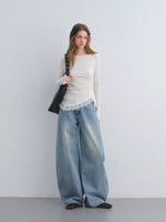 Blue Rhinestone Curved Leg Jeans