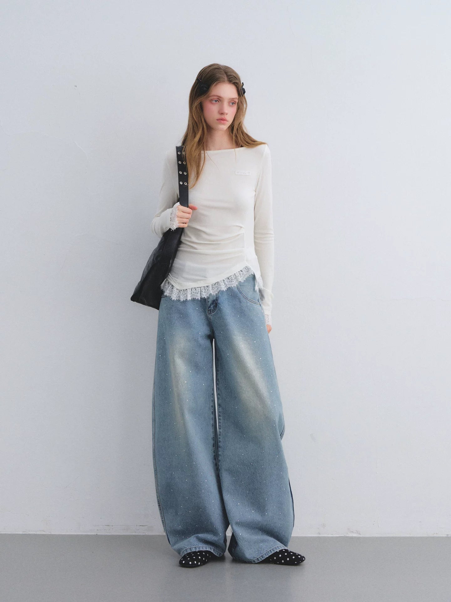 Blue Rhinestone Curved Leg Jeans