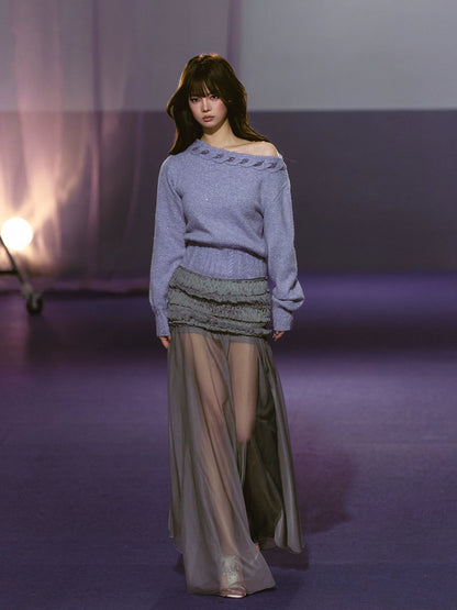 Apricot &amp; Purple Cable Knit Off Shoulder Sweater