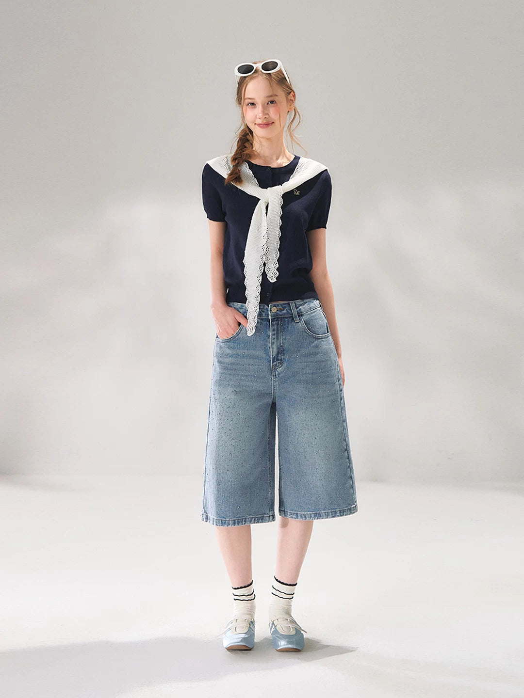 Rhinestone Washed Denim Culottes