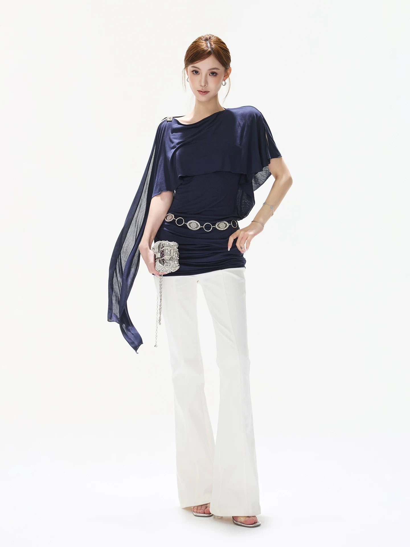 Navy Asymmetric Cape Dress