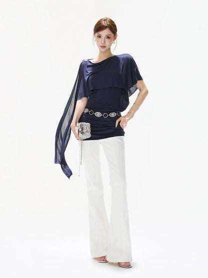 Navy Asymmetric Cape Dress