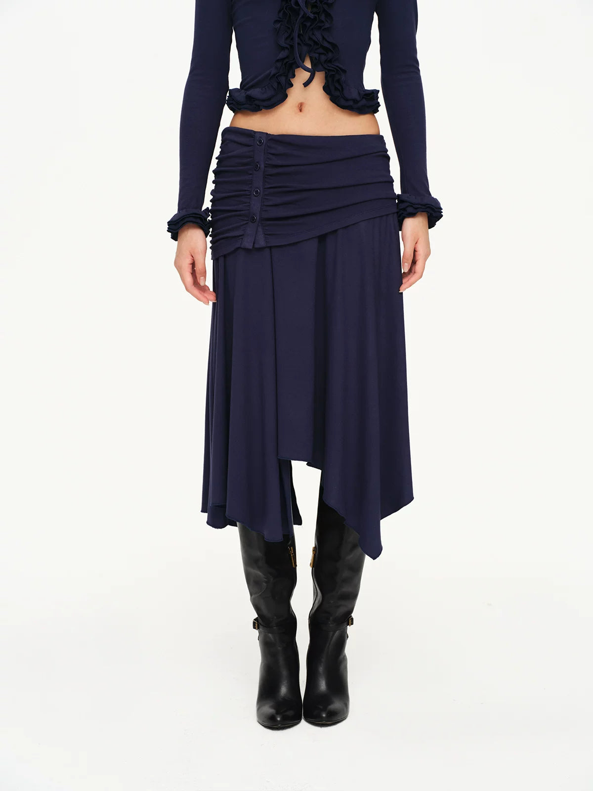 Ruched Ruffle Cardigan &amp; Skirt Set