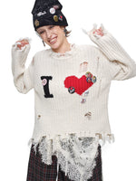 Heart Letter Distressed Knit Sweater