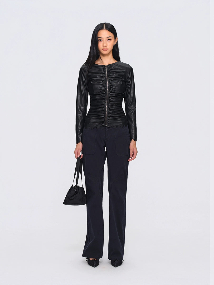 Ruched Burnout Slim Cropped Faux-Leather Jacket
