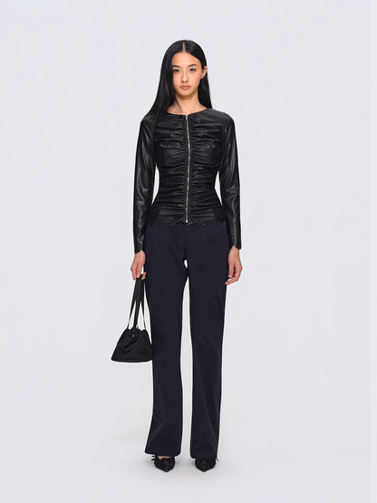 Ruched Burnout Slim Cropped Faux-Leather Jacket