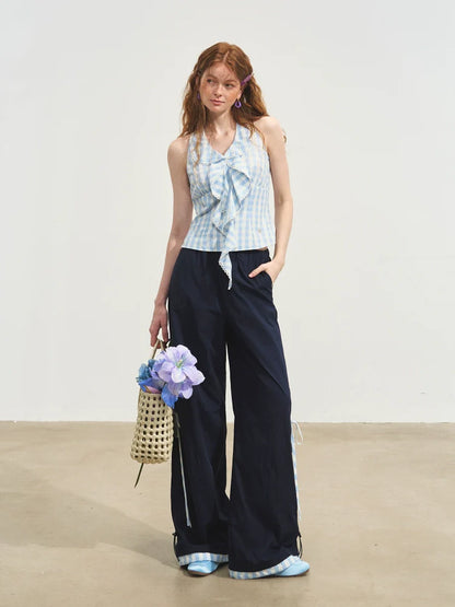 Floral-Patchwork Lightweight Checkered Utility Pants