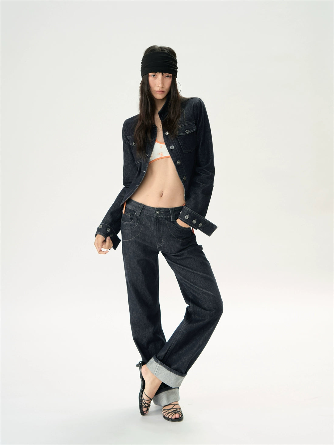 Original Denim Short Stand Collar Cinched Jacket Set