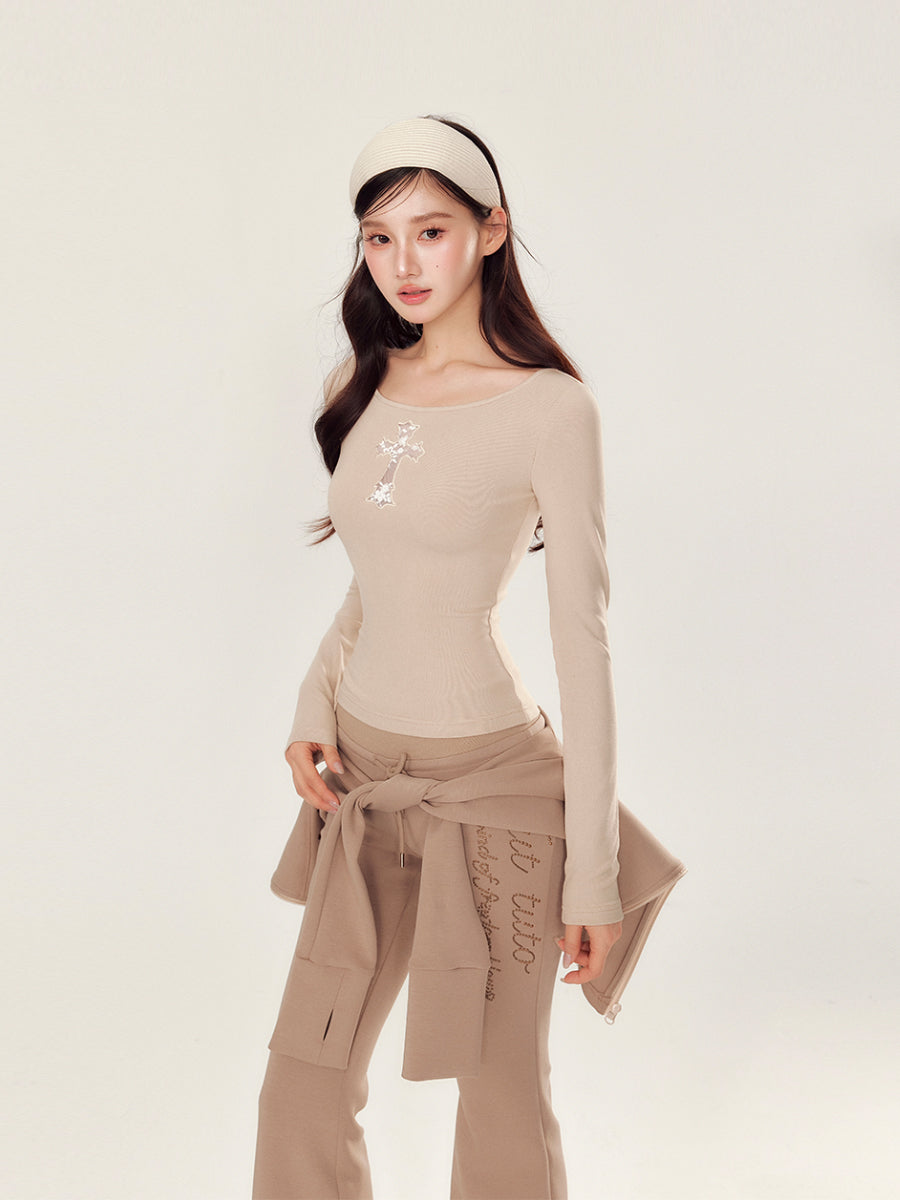 Embroidery Hollow Cross Long Sleeve Top