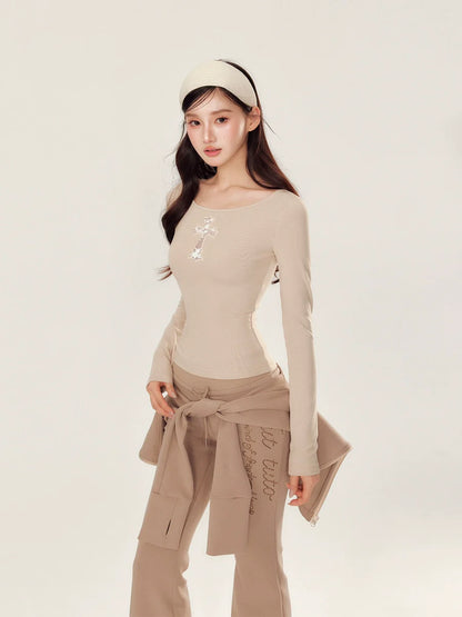 Embroidery Hollow Cross Long Sleeve Top