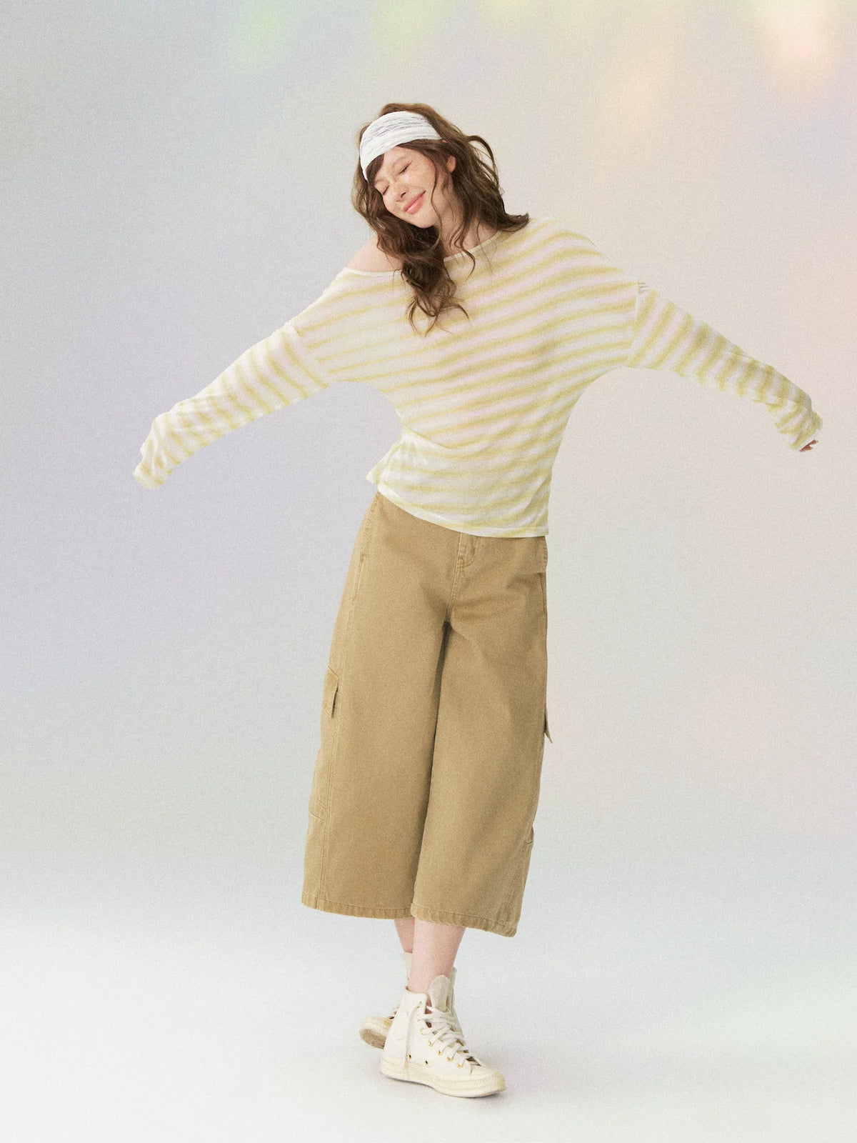 Sheer Off-Shoulder Striped Long Sleeve T-shirt